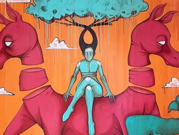 Surreal mural of a blue person sitting on a two-headed red creature under a cloudy sky.