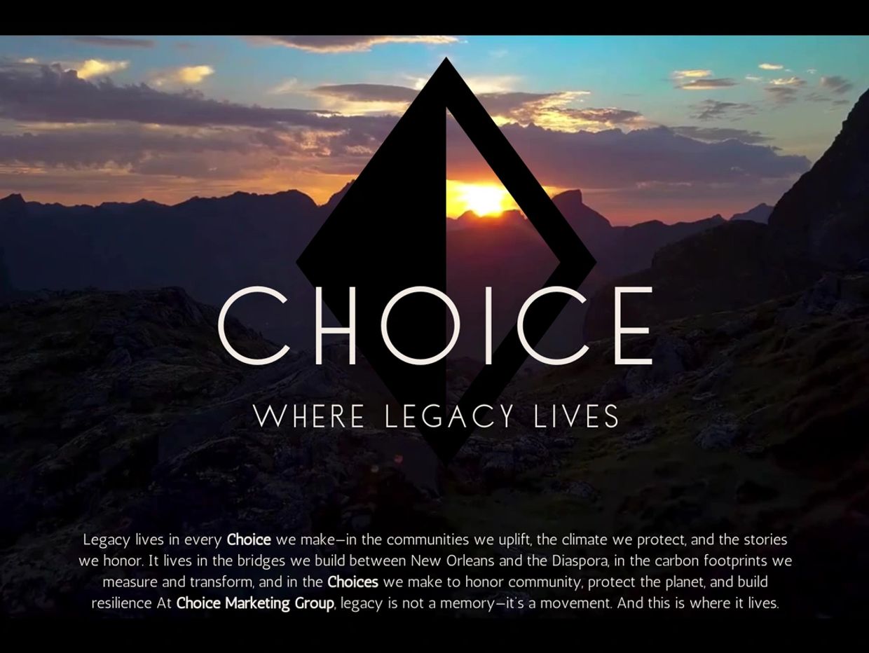 Sunset over mountains with Choice Marketing Group logo and legacy message.