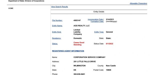 Delaware Corporate renewals and taxes dont apply to AGS REALTY LLC  
