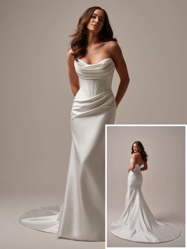 Elegant strapless white wedding gown with a draped bodice and long train.