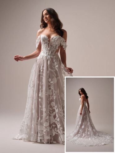 Elegant off-shoulder white floral lace wedding gown with a flowing train.