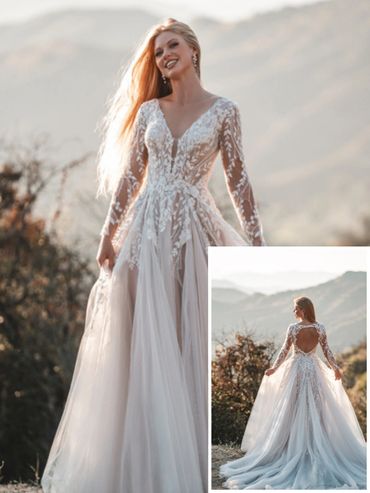 Bride posing outdoors in a detailed lace wedding gown with long sleeves.