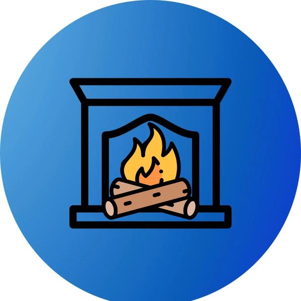 Black fireplace icon with flames on a blue circular background.