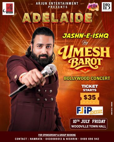 Bollywood concert poster for Umesh Barot in Adelaide with ticket info.