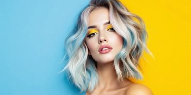 Dynamic Gemini hair with layers and highlights. Dual-tone background features Gemini zodiac symbol.