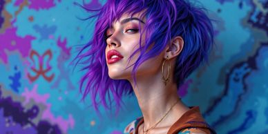 Adventurous Sagittarius hair with purple hues. Bold background highlights Sagittarius zodiac symbol
