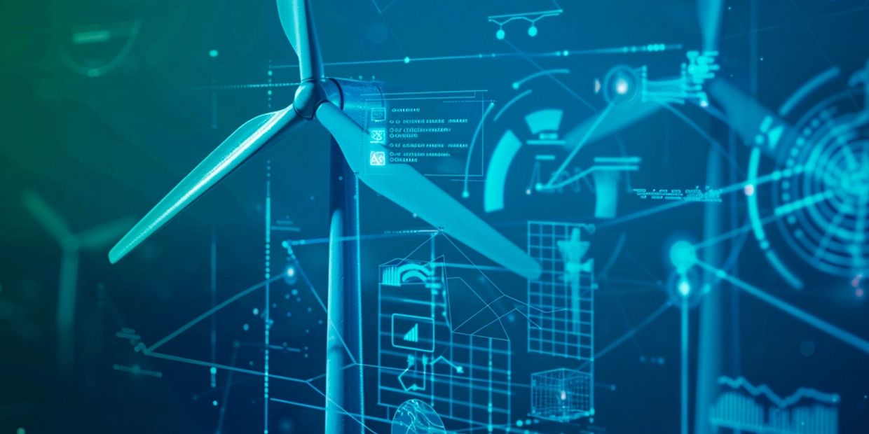 Digital wind turbine with data overlay on blue background.