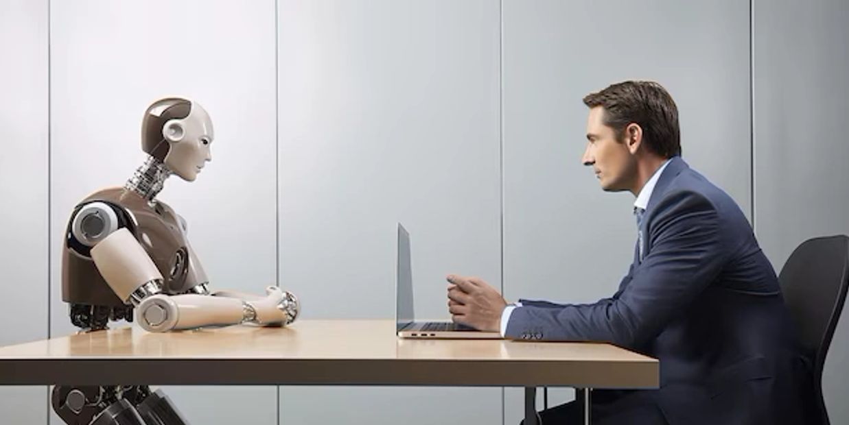 Robot and man sitting at table with laptops facing each other.
