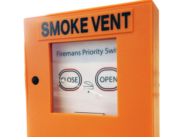 Orange smoke vent control box with close and open buttons.