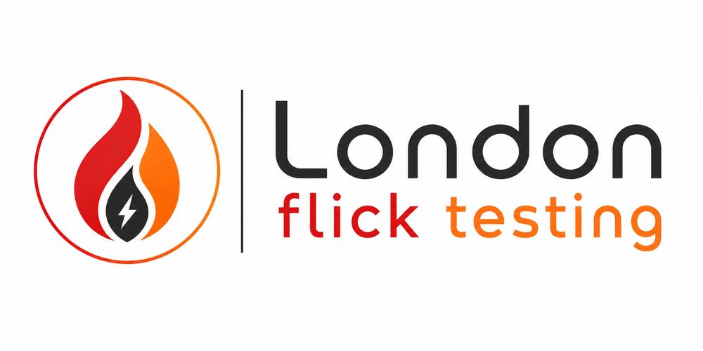 Logo of London flick testing with flame and electricity symbol.