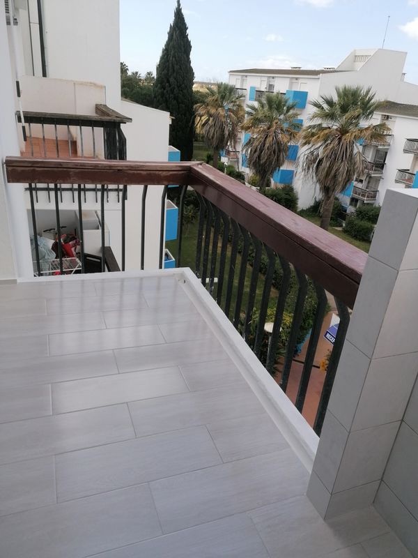 Balcony view with palm trees and white buildings.