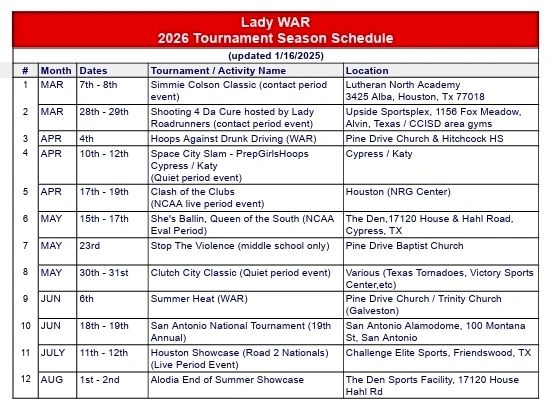 Lady WAR 2026 basketball tournament schedule with dates, locations, and events.