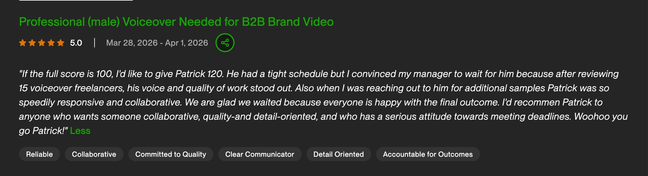 Review praising Patrick's voiceover skills, reliability, and collaborative attitude for a B2B brand video.