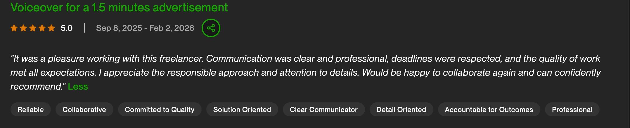 Positive 5-star review praising professionalism and quality of voiceover work.