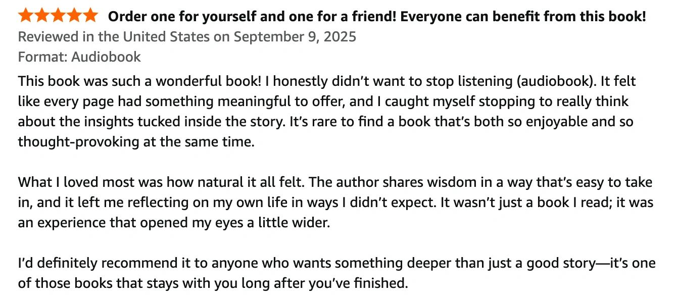 Positive audiobook review praising the book's meaningful insights and natural storytelling.
