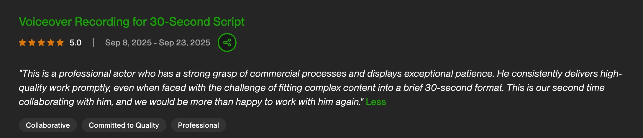 Positive review for voiceover actor praised for professionalism and quality.