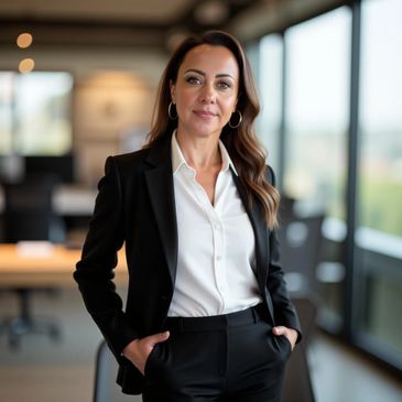 Confident businesswoman standing in a modern office with hands in pockets.