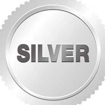 Metallic platinum emblem with bold engraved text.