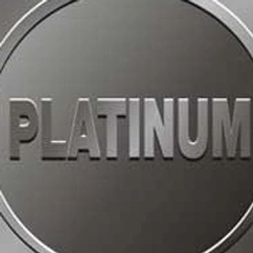 Metallic platinum emblem with bold engraved text.