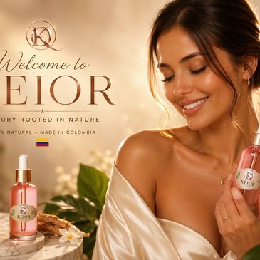 Woman holding skincare product with natural luxury branding.