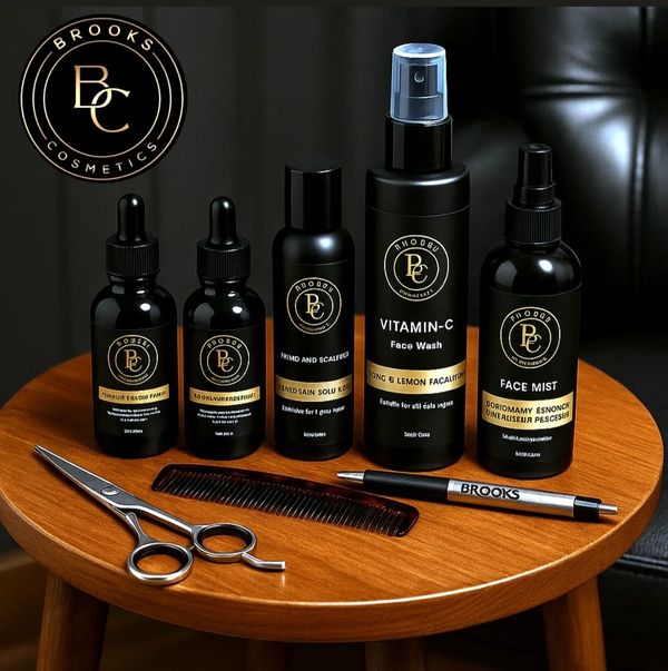 Brooks Cosmetics skincare and grooming products displayed on a wooden table.