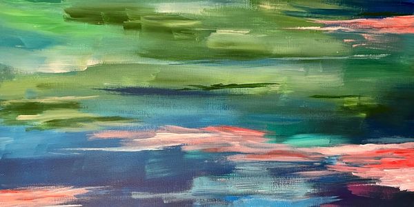 Abstract painting in shades of green, blue, and coral.