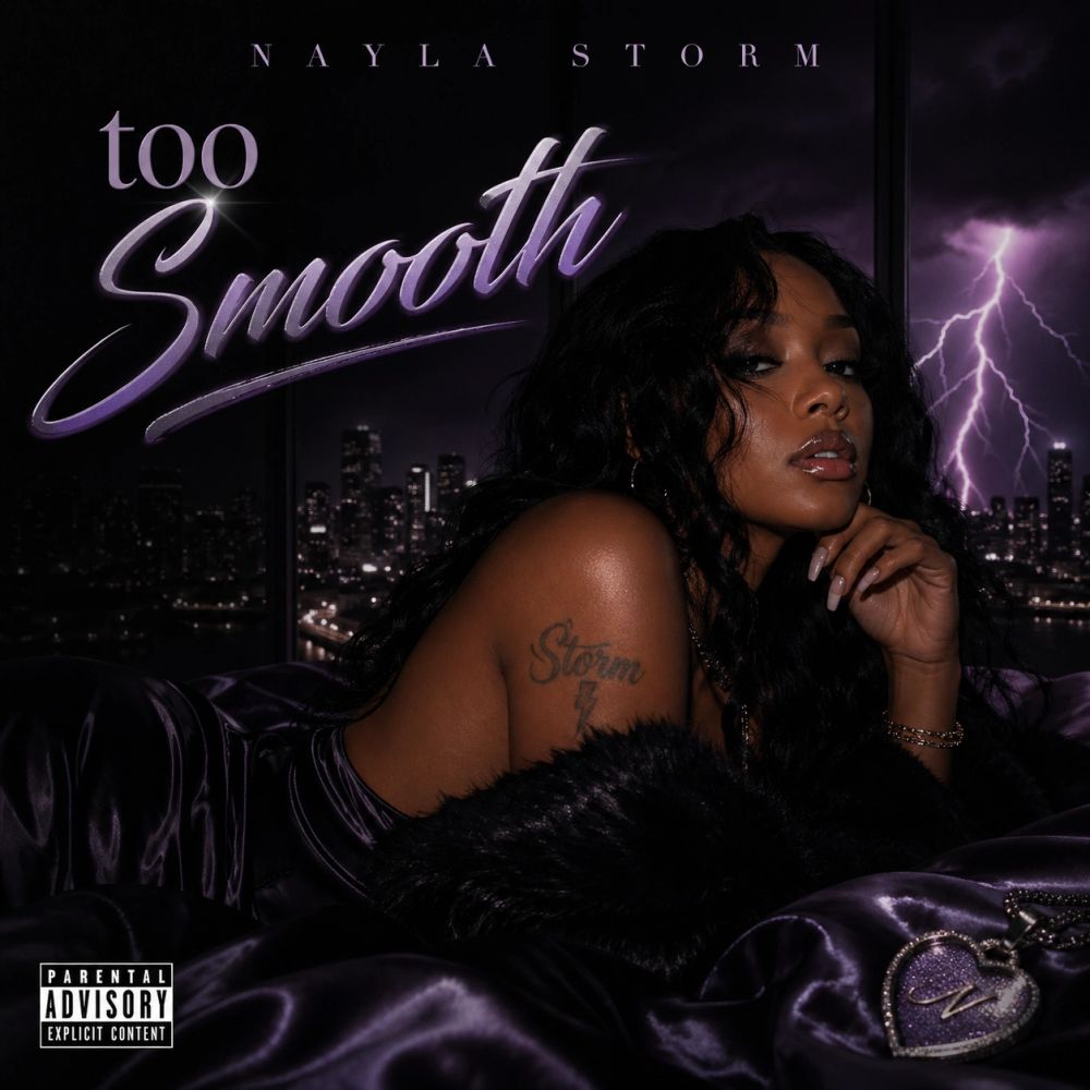 Nayla Storm's "Too Smooth" album cover with a lightning cityscape background.