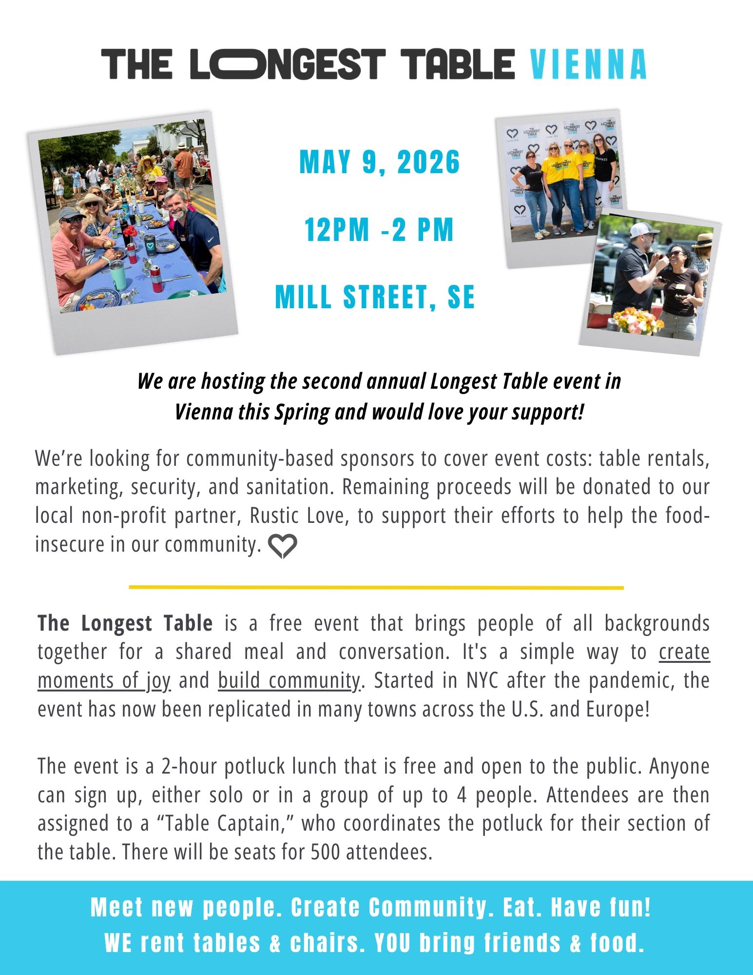 Flyer for The Longest Table event in Vienna on May 9, 2026, promoting community gathering and support.