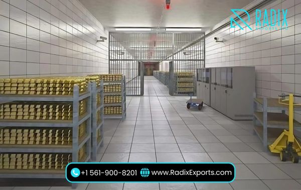 A secure vault room filled with shelves of gold bars and security cabinets.
