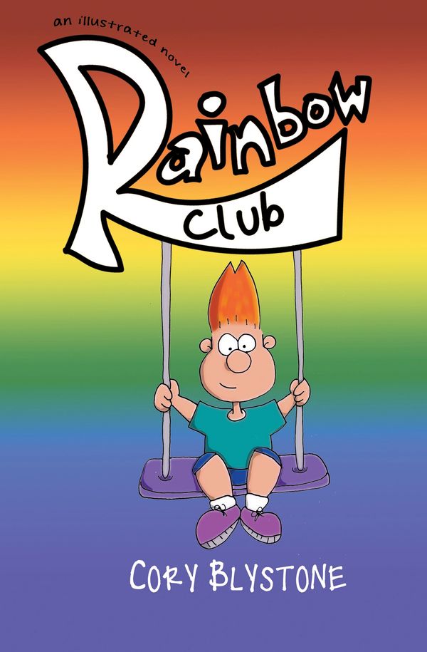 Cover of 'Rainbow Club' by Cory Blystone with a cartoon boy on a swing.