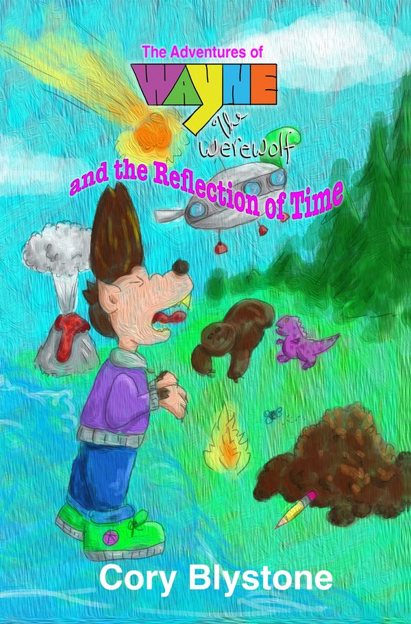 Colorful book cover featuring Wayne the Werewolf with various whimsical elements and a helicopter.