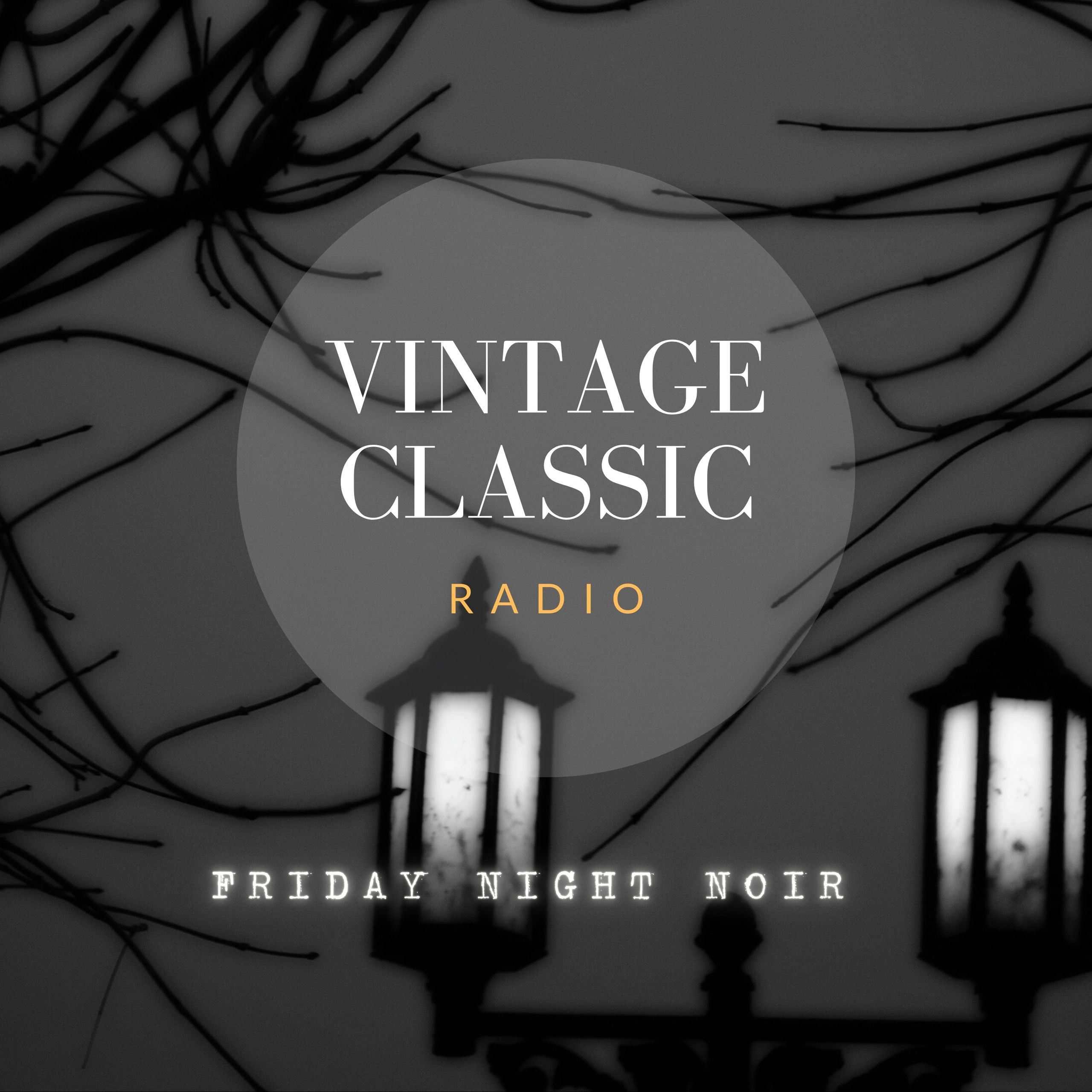 Vintage classic radio poster with street lamps and branches.