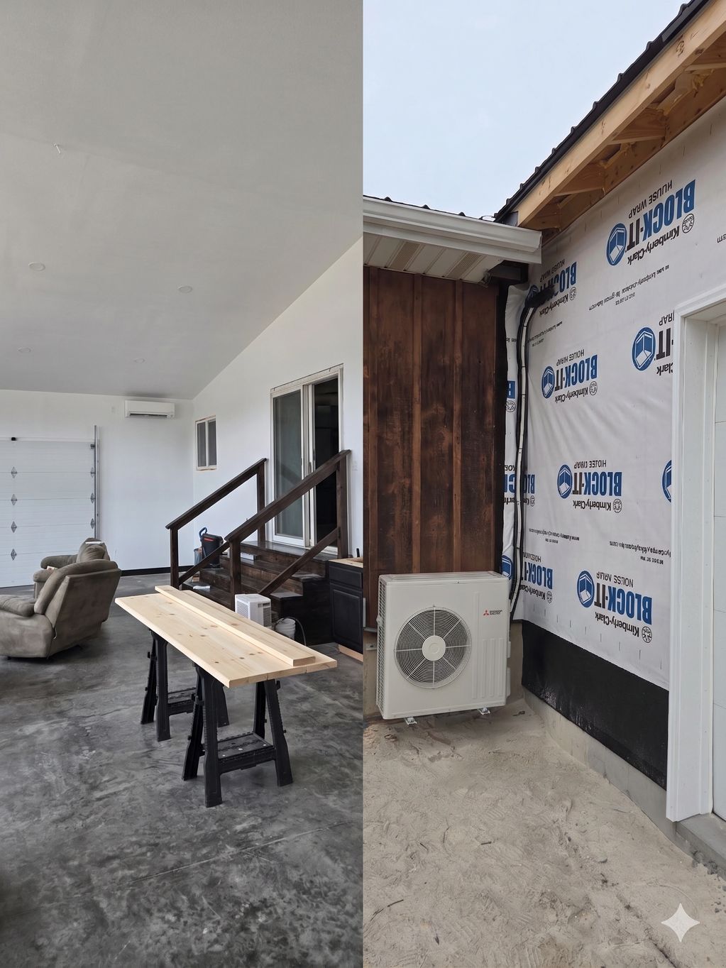 Indoor and outdoor views of a modern home with construction in progress.