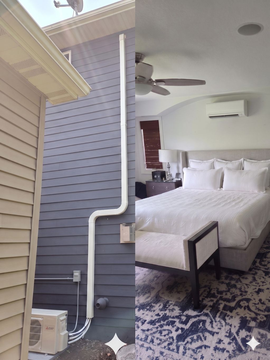 Outdoor air conditioning unit installed beside a house with conduit pipes running up the wall.