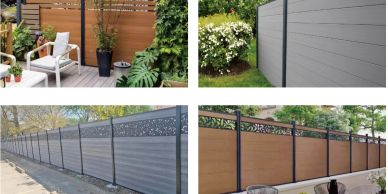 Four different composite fences in outdoor settings.