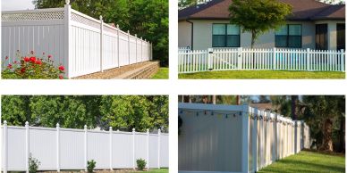 Various white fences in different garden settings.