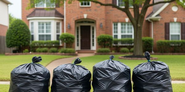 4 garbage bags along the curb of a residential neighborhood