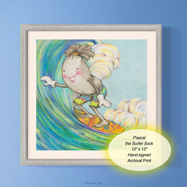Hand-signed prints featuring as whimsical drawing of a smiling tube sock surfing a colorful wave on a vibrant surfboard from children's literature, The Secret of .
