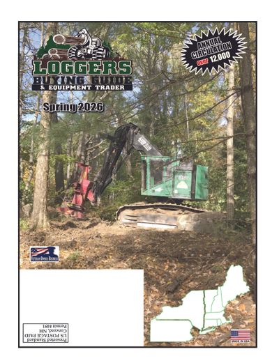 Cover of Loggers Buying Guide &amp; Equipment Trader Spring 2026 issue with forestry machinery in a wooded area.