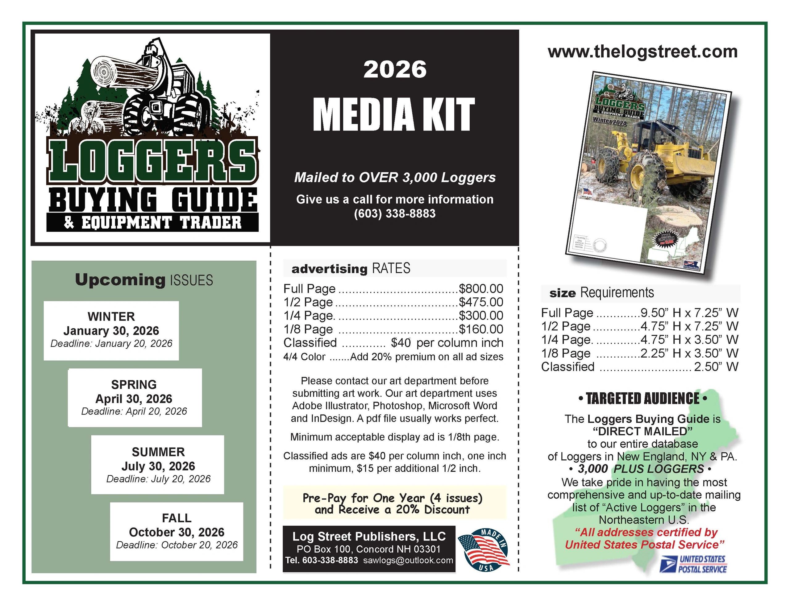 2026 Loggers Buying Guide media kit with advertising rates and deadlines.