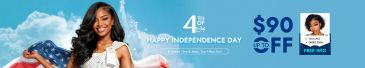 American flag celebrating 4th of July sale and free wig offer.