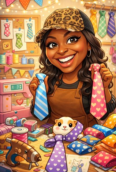 Smiling woman in leopard cap holds colorful ties with a cute guinea pig wrapped in a tie.