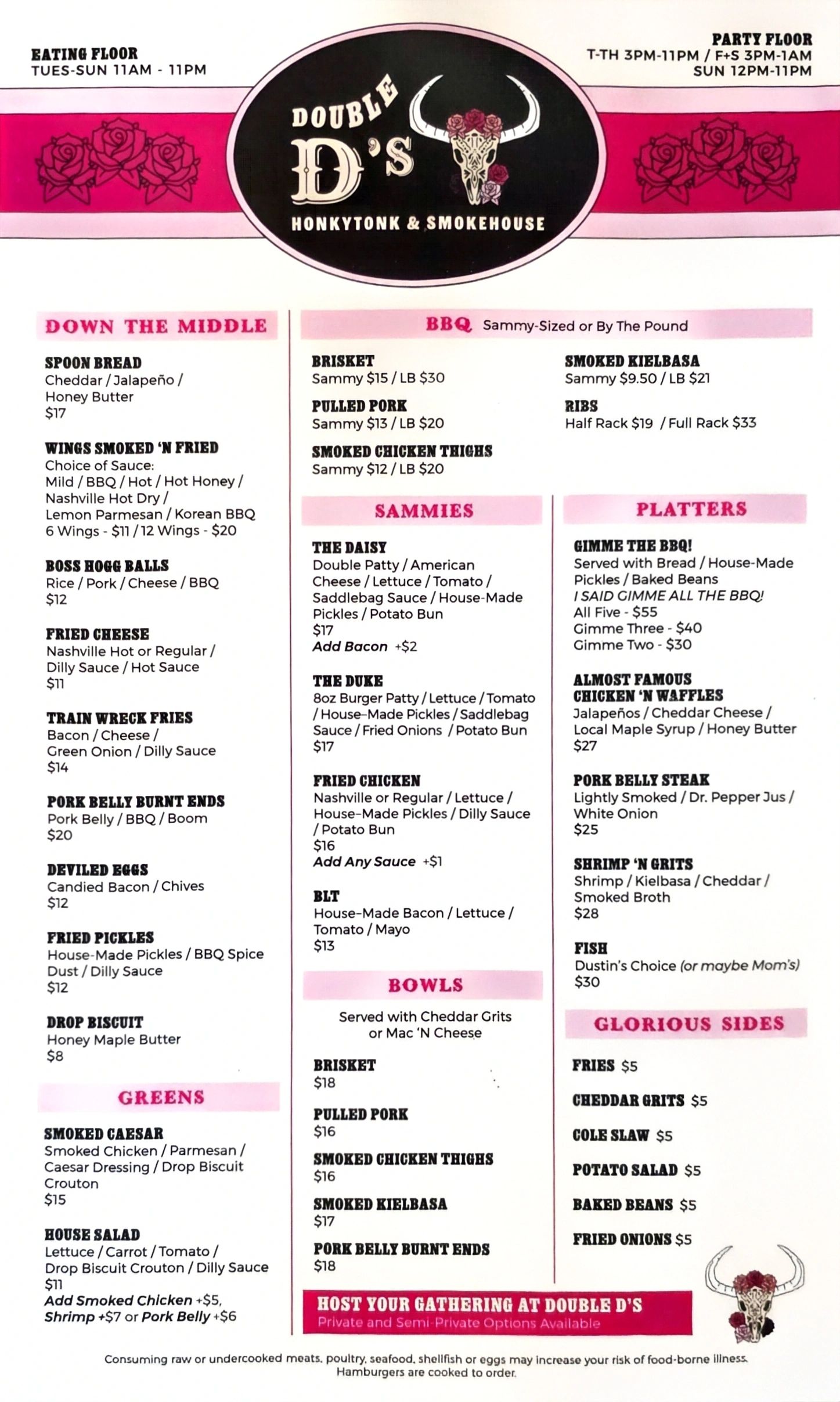 Menu board for Double D's Honkytonk &amp; Smokehouse with BBQ, sammies, platters, and sides.