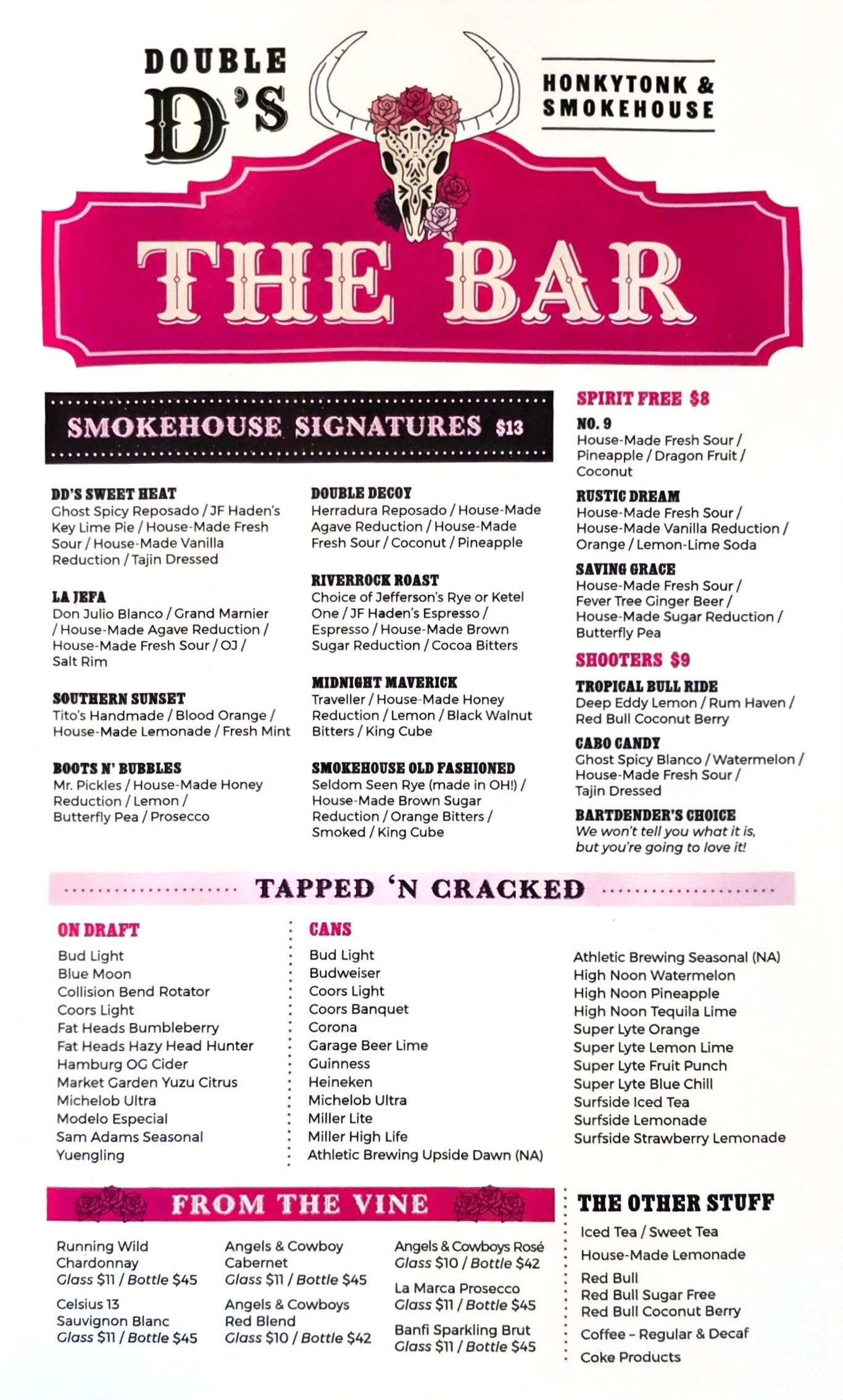 Menu for Double D's Bar showcasing smokehouse signatures, drinks, and wines.