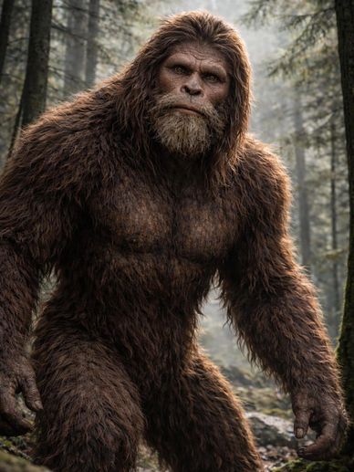 A large, hairy, humanoid creature stands in a forest.