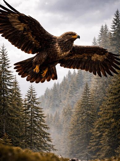 A majestic eagle soaring above a misty forest of tall pine trees.