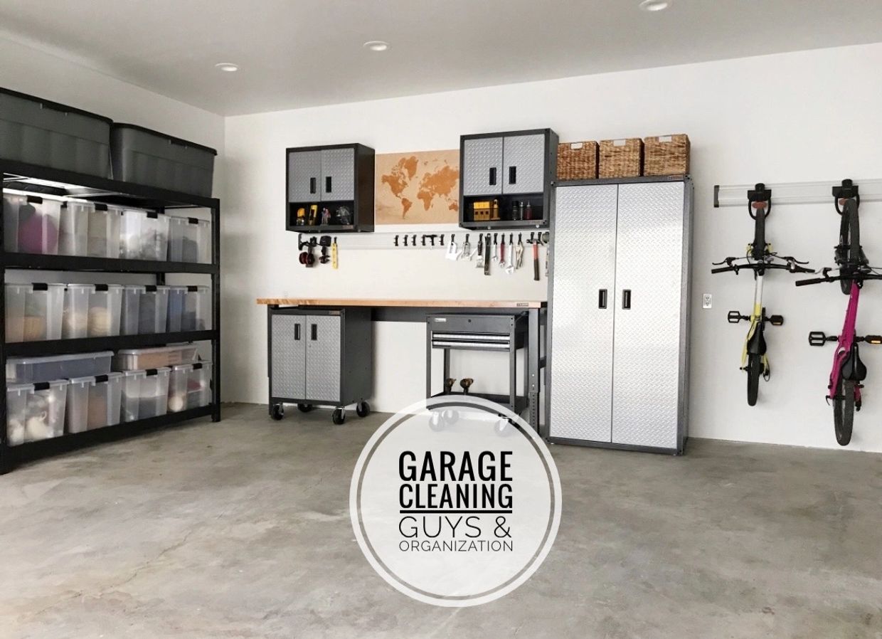 A picture of garage cabinets and bike mounts
