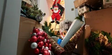 A garage full of Christmas decorations