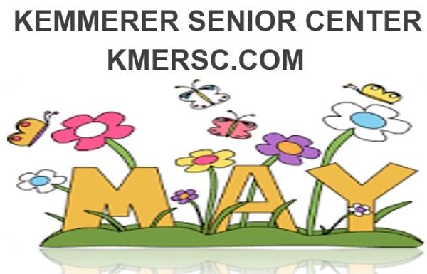 Colorful May illustration with flowers and butterflies for Kemmerer Senior Center.