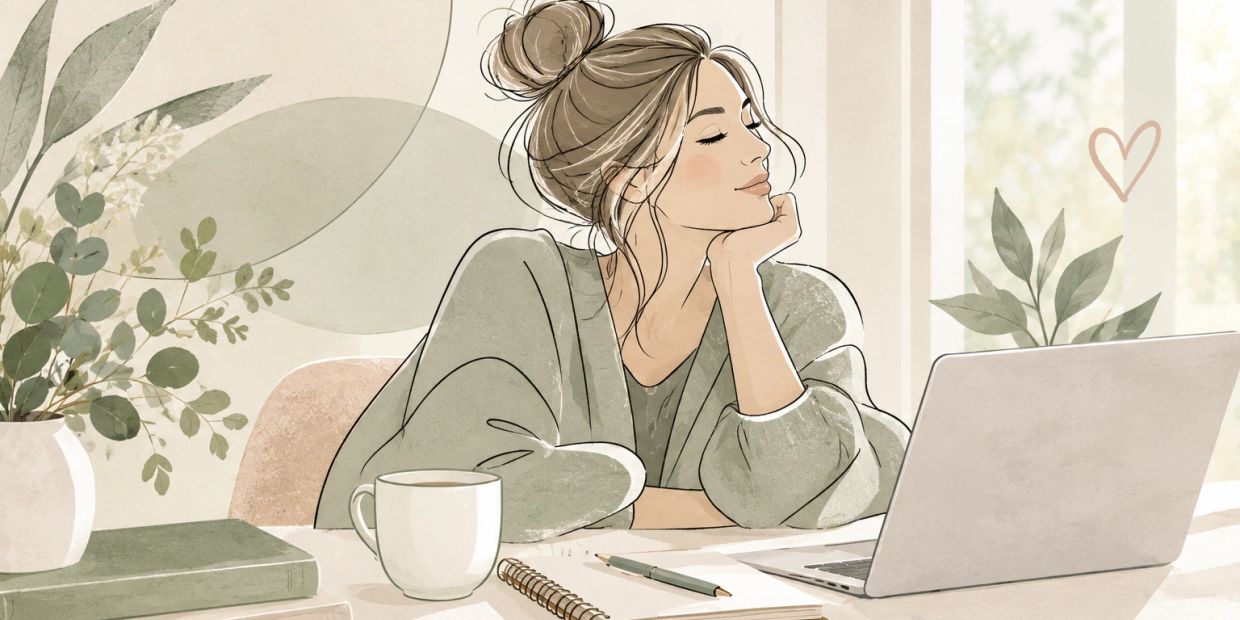 Woman daydreaming while sitting at desk with laptop.
